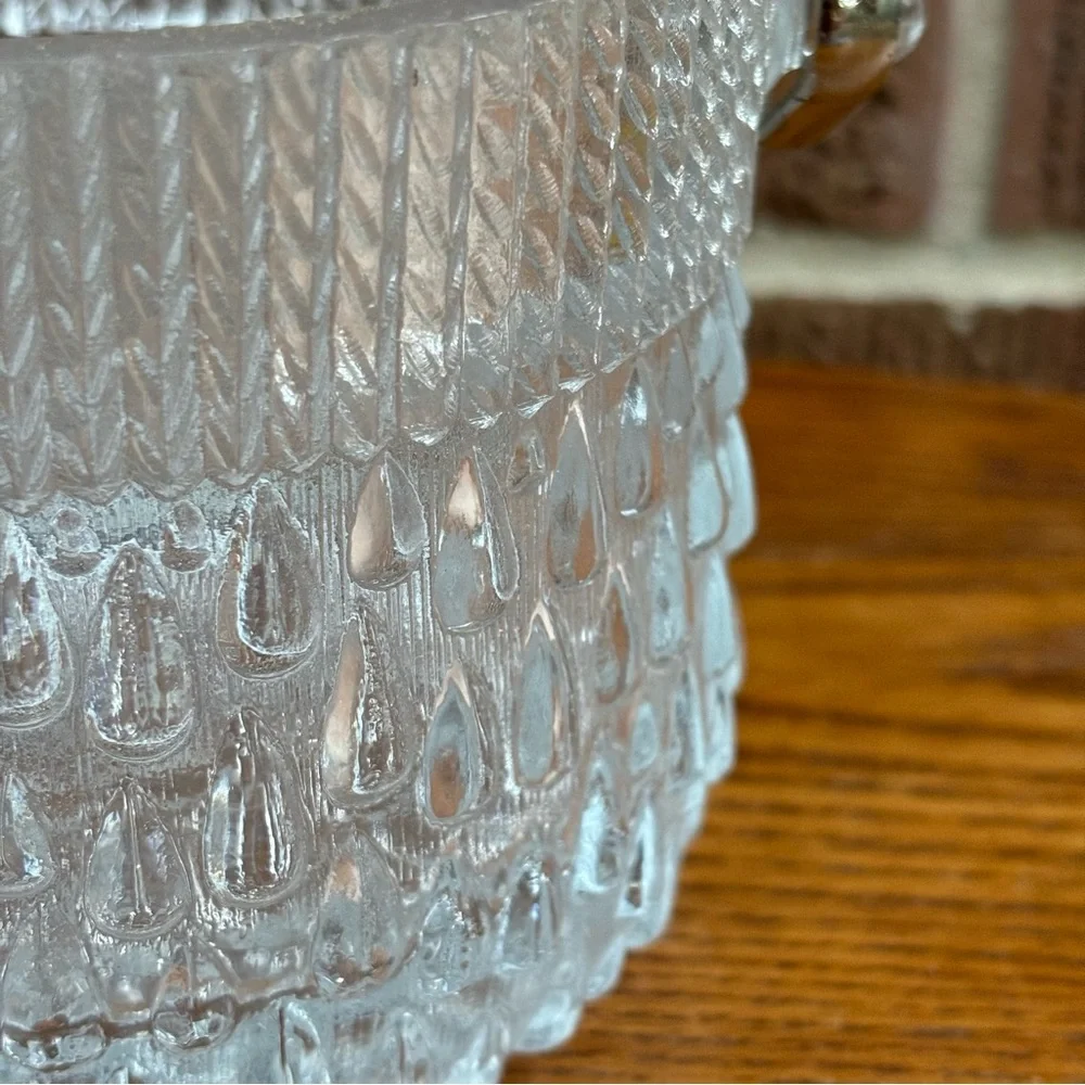Vintage Midcentury France Made Tear Drop Textured Glass Ice Bucket with tongs
